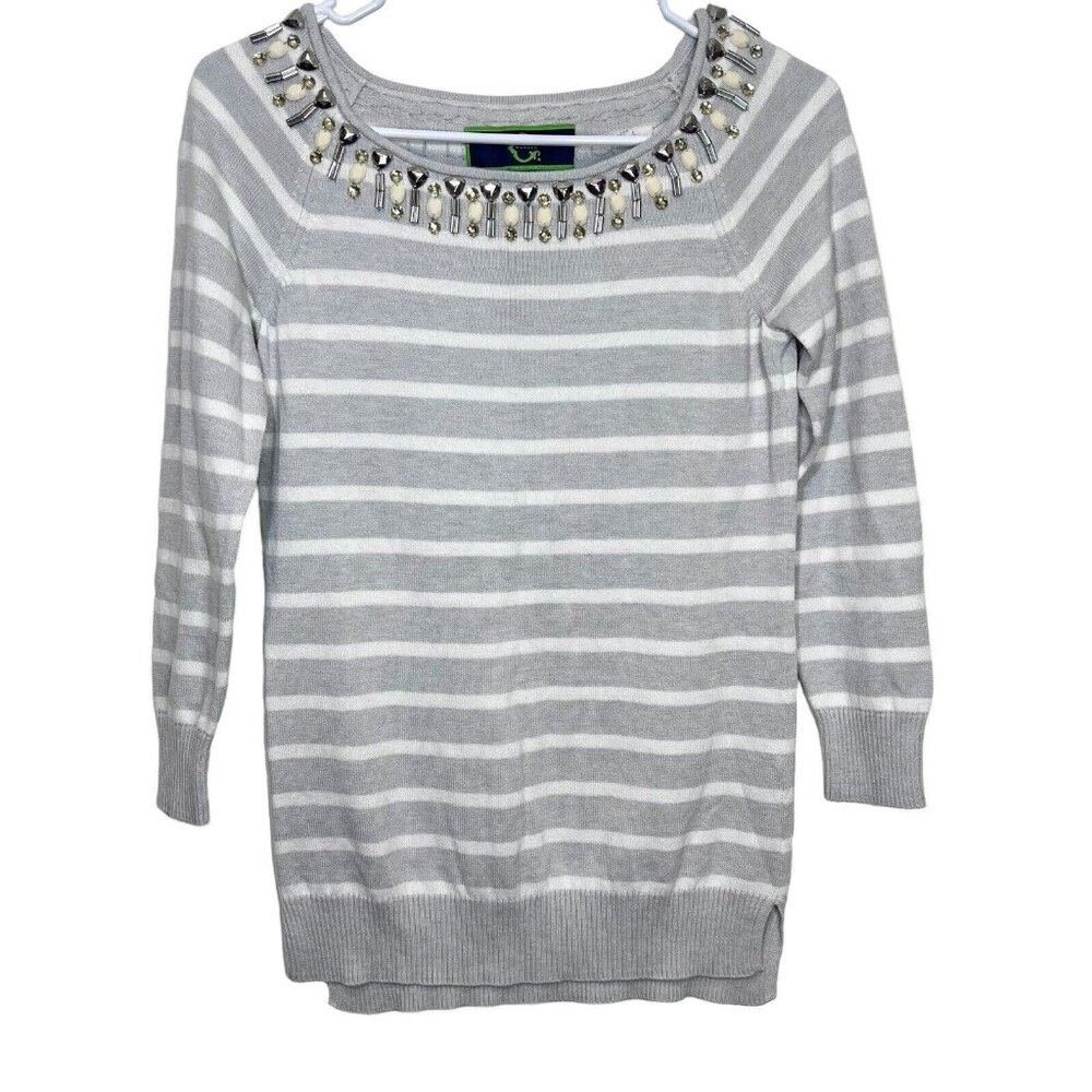 C Wonder Sweater XXS Womens Grey Cream Jewel Boat Neck Striped Pullover‎